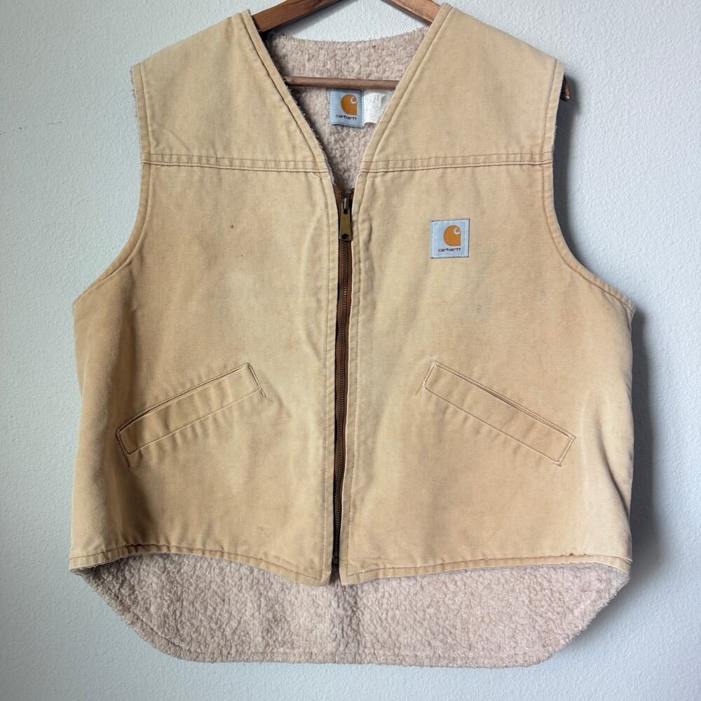 Carhartt Sherpa Lined Duck Canvas Workwear Vest Tan Men’s M/L Distressed